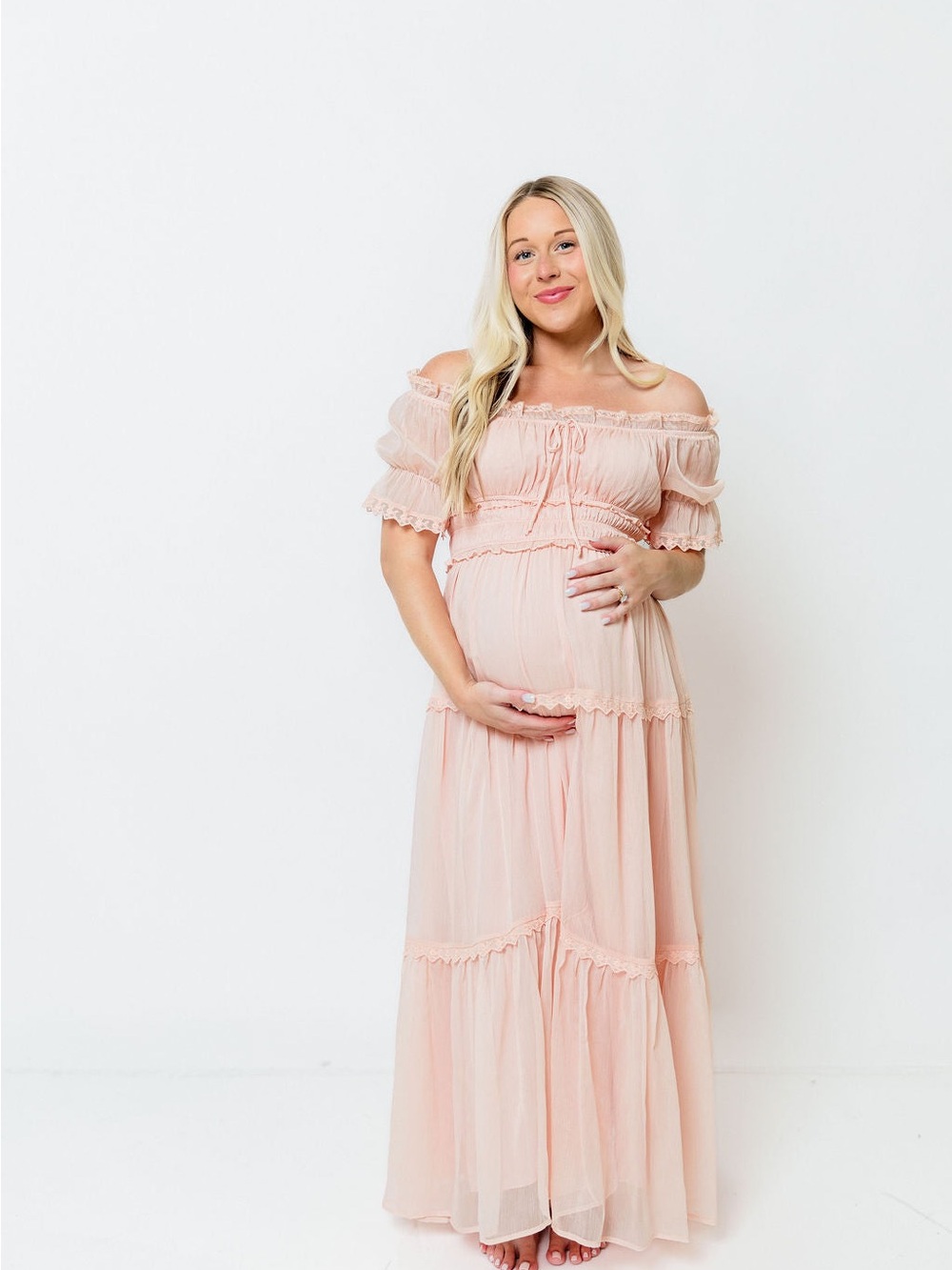Blush Pink Off-Shoulder Maxi Maternity Dress